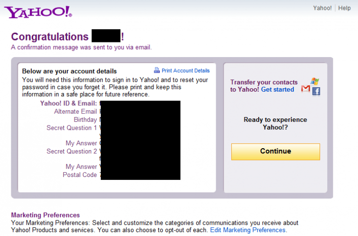 Yahoo Registration Confirmation