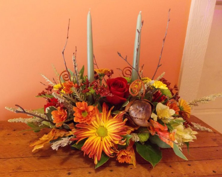 Fall centerpiece by Back to the Fuchsia Florist, Saugatuck MI