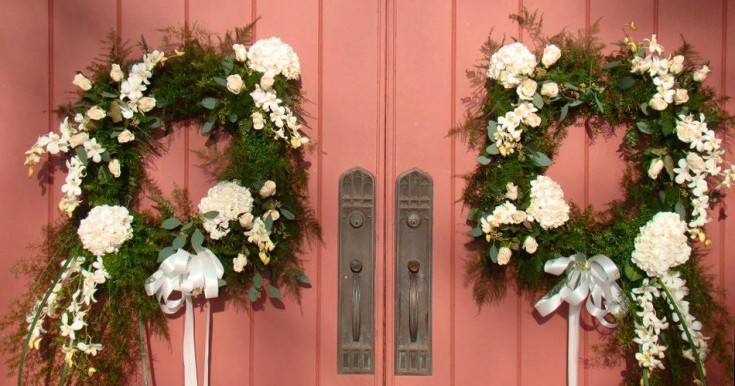 Mirrored wedding wreaths by Swannanoa Flower Shop, Swannanoa NC