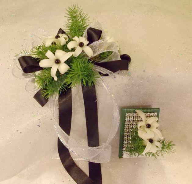 Black and white prom corsage by Back to the Fuchsia Florist, Saugatuck MI