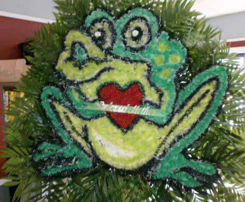 Frog sympathy flowers by East Meadow Florist, East Meadow NY
