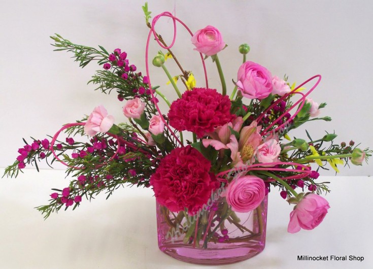 Playful pink floral design by Millinocket Floral Shop, Millinocket ME