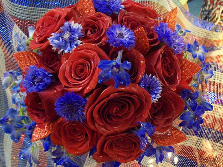 Red & Blue wedding bouquet by Colonial Flowers, Rochelle IL
