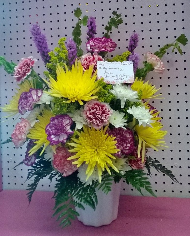 A sympathy arrangement from Wilma's Flowers in Jasper, AL