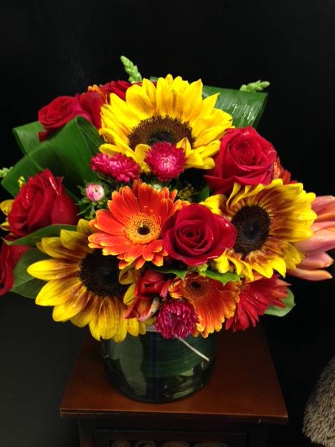 Sunflowers mixed compact vase arrangement from Robyn at Flowers and More in Fresno, CA