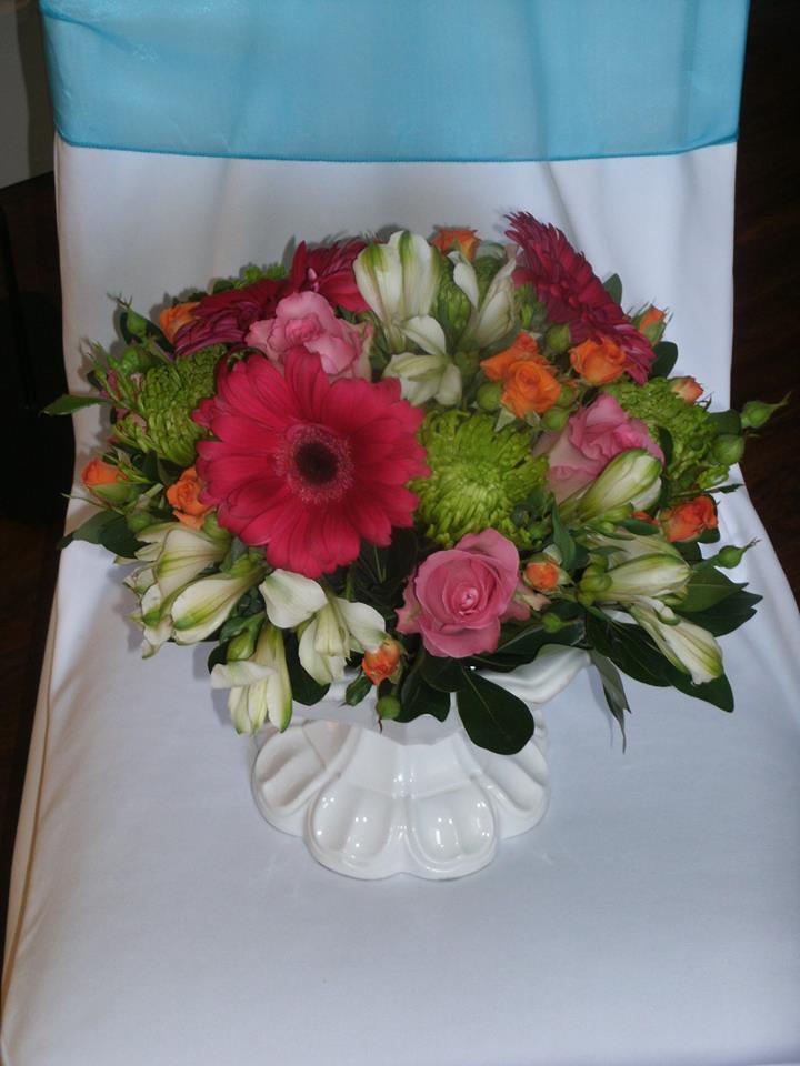 A summer pedastal dish from Flowers For You, By Diana in Beeton, ON