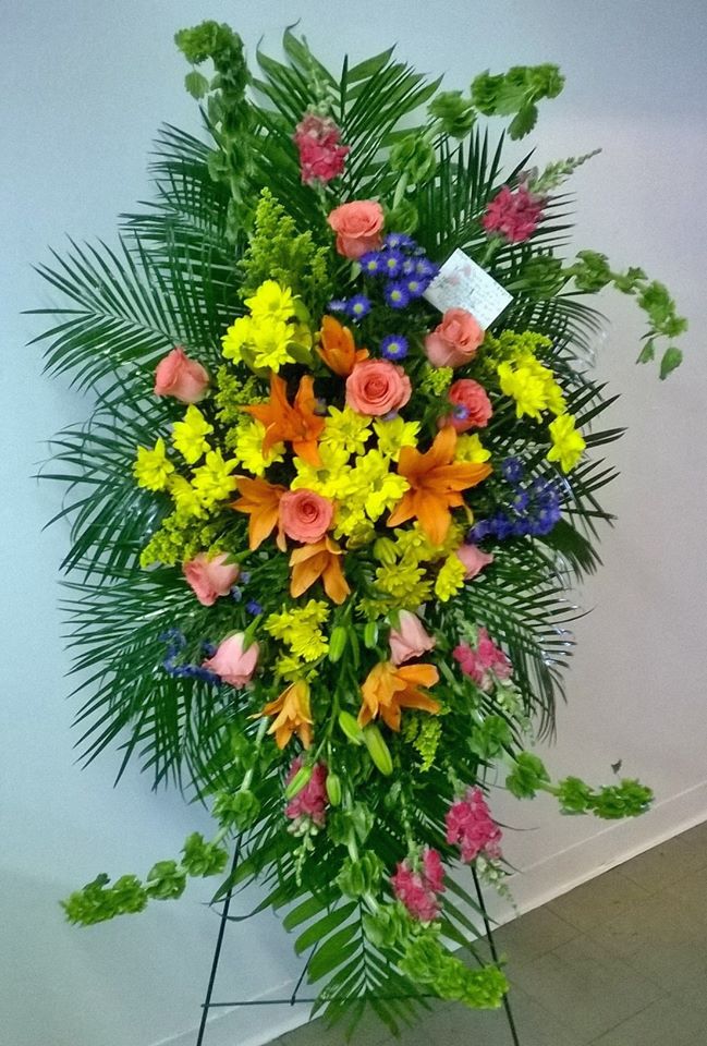 Colorful standing spray from Wilma's Flowers in Jasper, AL