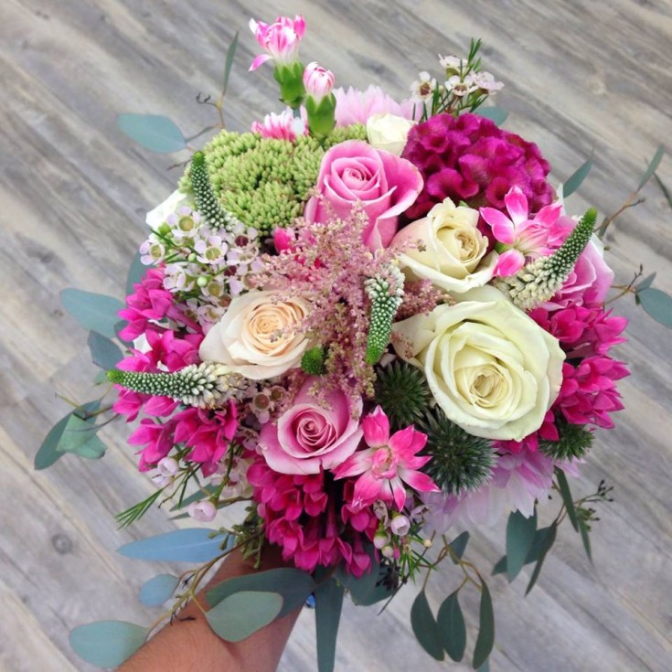 Pretty in Pink bridal bouquet from Petals in Thyme in Wasaga Beach, ON