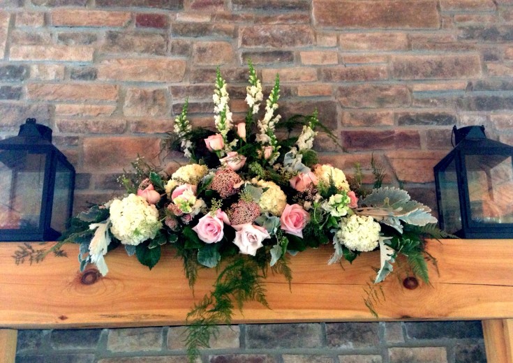 Elegant mantle design from Petals in Thyme of Wasaga Beach, ON